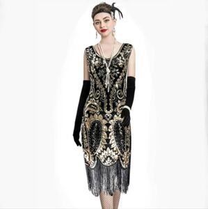 🖤 6pc Deluxe Gold Black Lace Sequin Fringe Flapper Dress Great Gatsby Costume